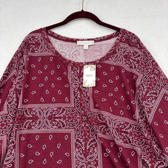 Weekend Suzanne Betro Blouse 1X Red Paisley Bandana Print Tie Sleeve Stretch - Picture 2 of 13